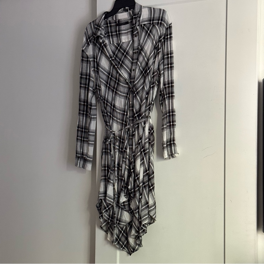 All Saints Black and White Plaid Long Sleeve Dress